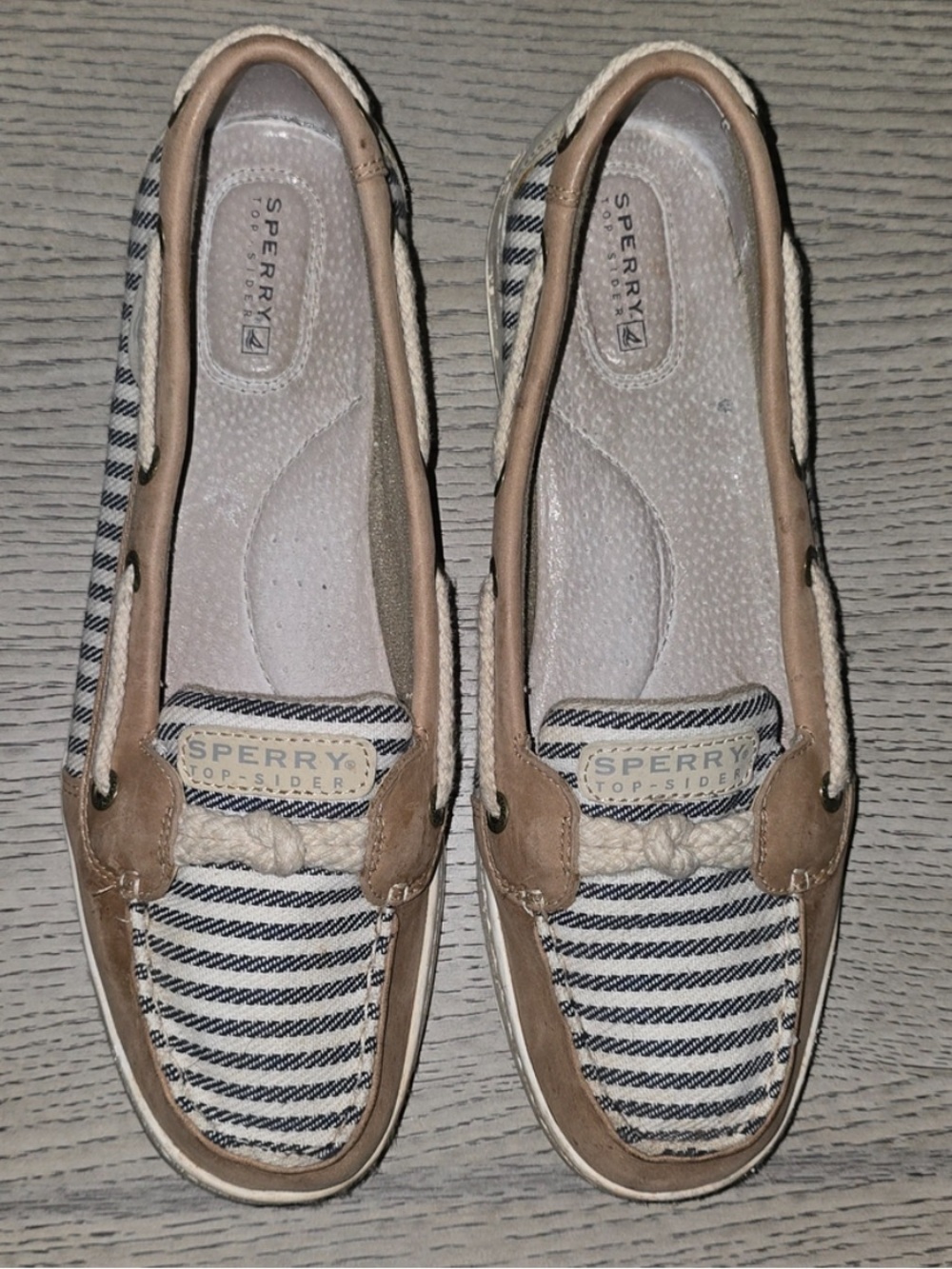 Sperry Tan and Navy Striped Boat Shoes Flats